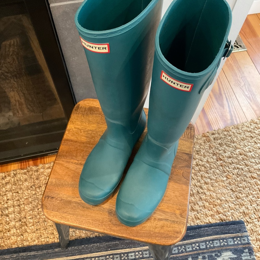 High turquoise tall hunter rain boots